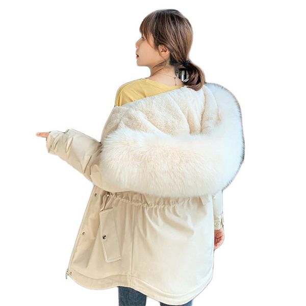 

winter jacket women short loose 2020 new fashion korean cotton coats beige plus size thick warmth fur collar hooded cx1334, Black