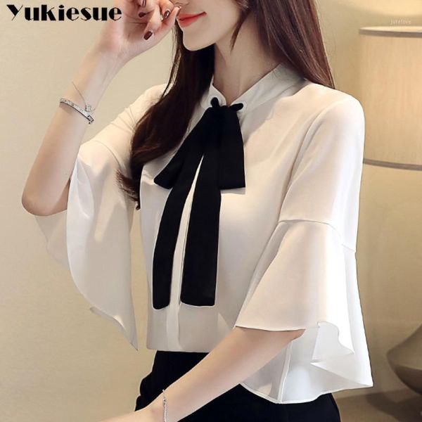 

short sleeve ruffles bow collar women's shirt blouse for women blusas womens and blouses chiffon shirts plus size1, White