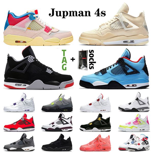 

original stock jumpman union x 4 4s white off sail encore mens womens basketball shoes new bred cactus jack neon sneakers trainers, White;red