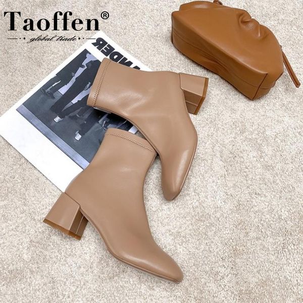 

taoffen new fashion shoes ankle boots square toe thick heel slip on shoes stretch fabric solid color ladies footwear size 33-401, Black