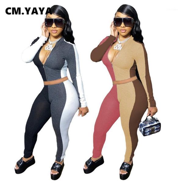 

women's tracksuits cm.yaya knitted patchwork women's set ribbed zipper long sleeve legging pant tracksuit fitness two piece matchi, Gray