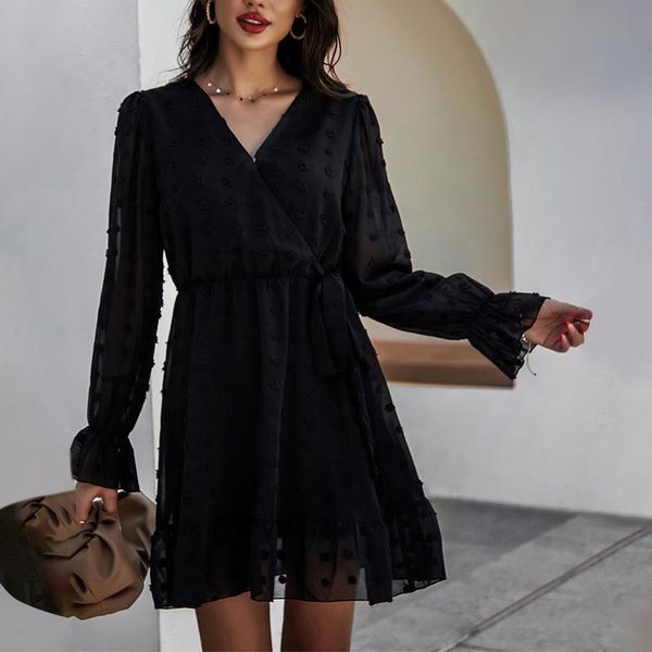 

fashionable women vintage dress with v-collar long sleeves solid color bandage dress dresses for women autumn vestido de mujer, Black;gray