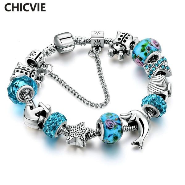

chicvie european silver color blue crystal glass charm bead bracelet for women with star anchor dolphin beads gifts sbr160146, Golden;silver