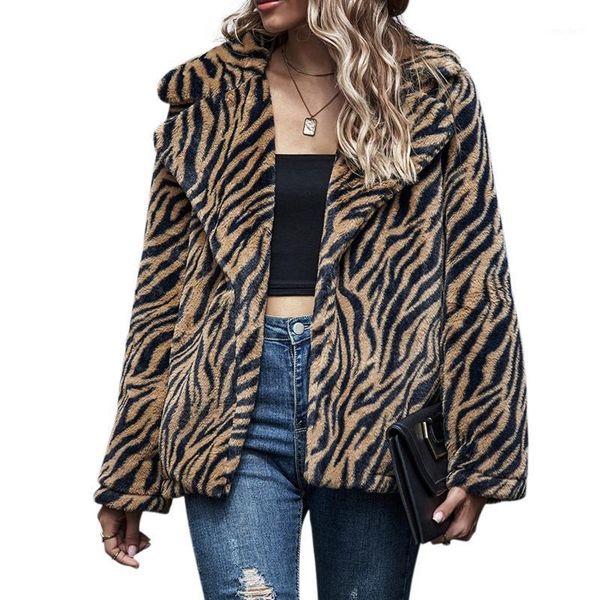 

women's jackets women long sleeve fuzzy plush coat zebra stripes lapel collar jacket cardigan bx0b1, Black;brown