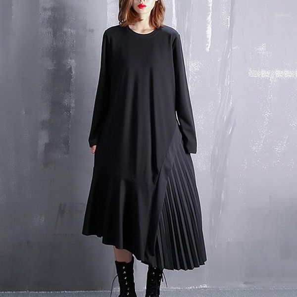 

women black asymmetrical pleated big size dress new o-neck long sleeve casual loose fit fashion tide spring autumn dress 20201, Black;gray