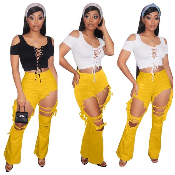 

2021 soild colors women's fashion hole flare jeans spring summer ladies girls trendy leggings pants clothes skinny pants plus size h121, White