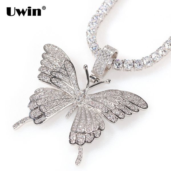 

uwin butterfly necklace pendant 9mm cuban chain cubic women hip hop rock animal jewelry pink silver color tennis chains 201014