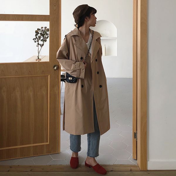 

women 2019 spring and autumn fashion brand korea style vintage loose long trench female casual khaki red trench coat cloth 1026, Tan;black