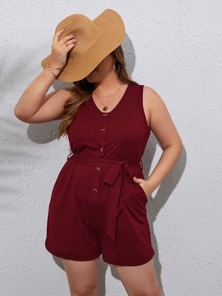 

plus fake button belted romper h3sa#, Black