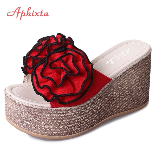 

aphixta 9cm platform wedge slippers women shoes clog riband rose flowers sandals girls flip flop slides pantoufle femme y200520, Black