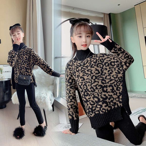 

girls' korean fashion thickened leopard sweater new 2020 middle and large t-shirt long sve winter cloth children's, Blue