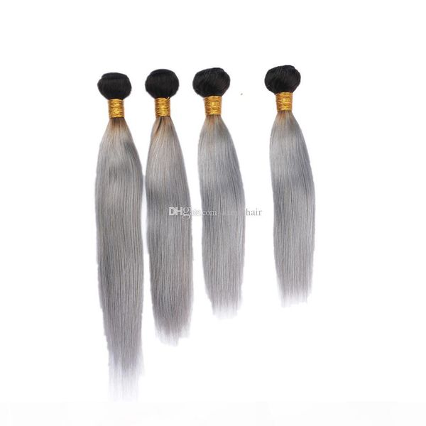 

double wefted virgin human hair bundles 4pcs ombre color 1b grey straight hair weft silver grey hair extensions 10-30 inch, Black