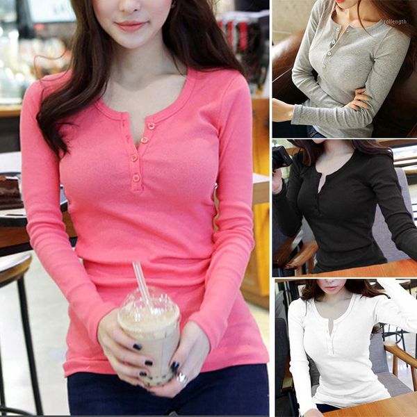 

women's korean button thread solid color long sleeve t-shirt slim, White