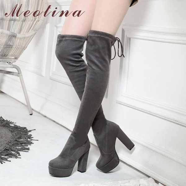 

meotina woman super high heel over the knee boots platform block heels long boots slim stretch shoes ladies thigh high 43, Black