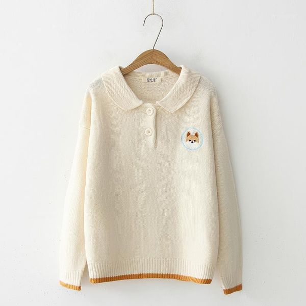 

women's sweaters preppy style cute dog embroidery women's loose knitted sweater collar blouse pullovers long sleeve fall,winter sh, White;black