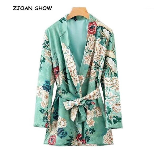 

retro shawl collar green flower print blazer casual 2018 woman bow tied sashes waist slim suit jacket coat outerwear with belt1, White;black