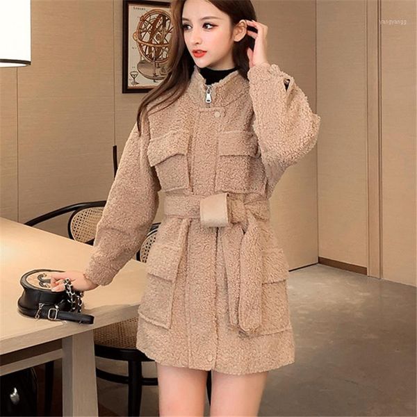 

mid-length fur coat women's autumn/winter 2021 fashion new style lace-up waist thickening warmth imitation lamb fur coat trend1, Black