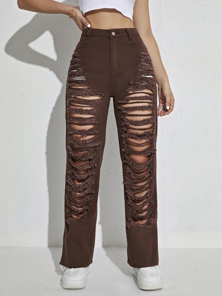 

high waisted ripped split hem straight leg jeans a6jj#, Blue