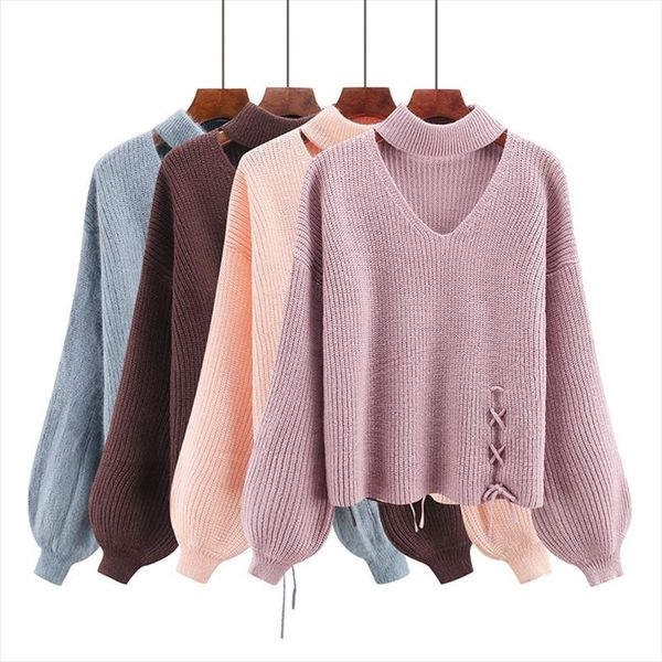 

chrleisure womens sweaters winter v neck womens knitted jacket trend bandage winter clothes women drop shipping, White;black