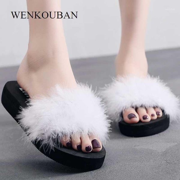 

women fur slippers ostrich feather summer beach shoes female fashion hair flip flops funny home sandals ladies warm slippers1, Black