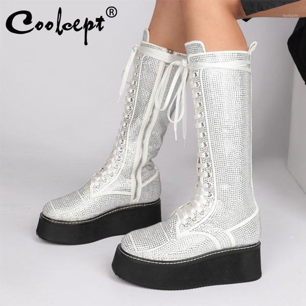 

boots coolcept size 34-43 women knee crystal fashion platform cross strap high heel winter shoes woman warm long boot footwear1, Black