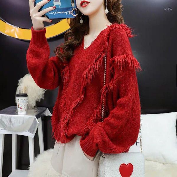

2019 autumn winter women v-neck tassel knitted sweater pullover twisted korean long sleeve female sweaters loose ladies jumper1, White;black