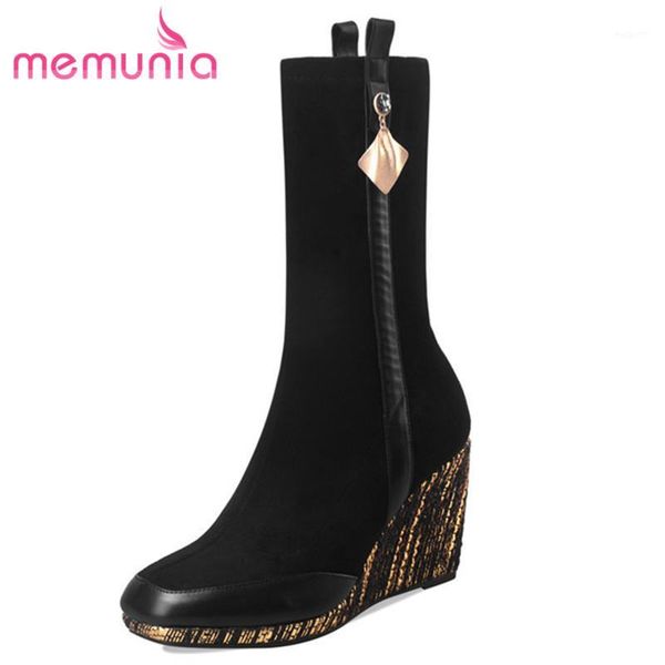 

boots memunia 2021 genuine leather stretch women round toe autumn winter wedges shoes woman ankle boots1, Black