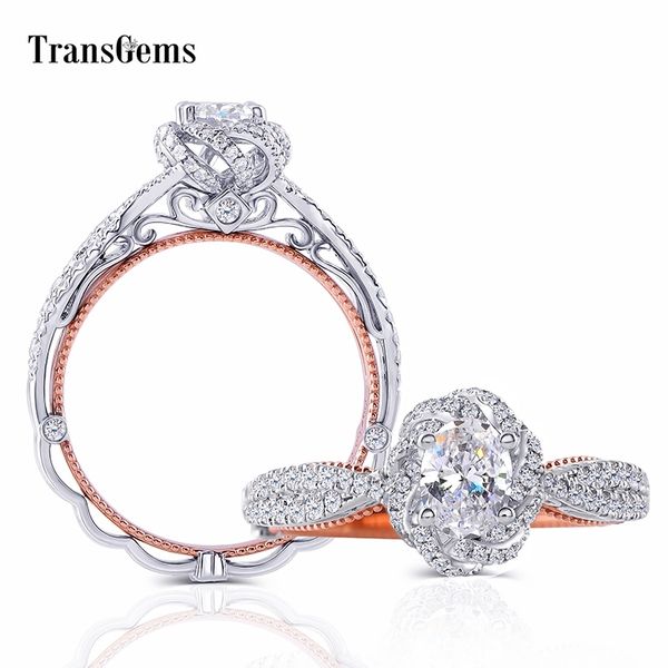 

transgems 14k 585 white rose gold center 0.6ct 4x6mm gh color oval moissanite engagement twist ring with accents for women y200620, Slivery;golden