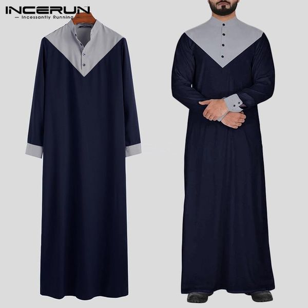 

incerun arabic islamic kaftan muslim men stand collar patchwork retro jubba thobe long sleeve men clothes robe s-5xl 2020, Red
