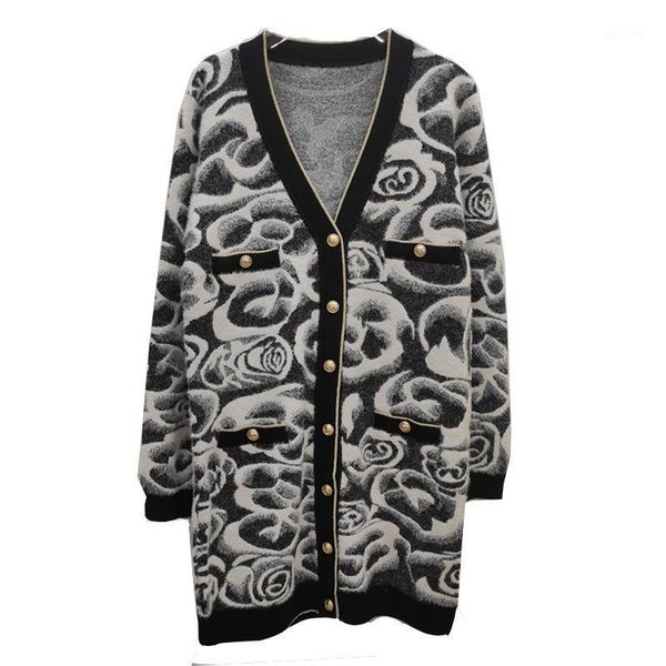 

runway midi cardigans women runway 2021 fashion designer clothes button up knitted sweater jackets casual christmas1, White