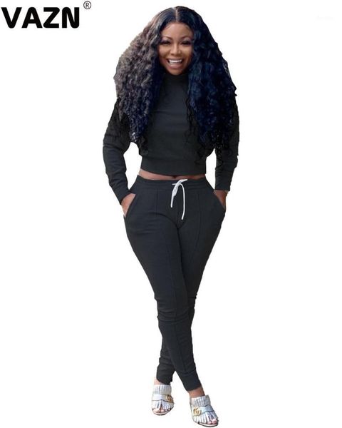 

vazn 2020 regular solid young casual tracksuits high waist braid full sleeve long pants skinny women 2 piece set1, Gray