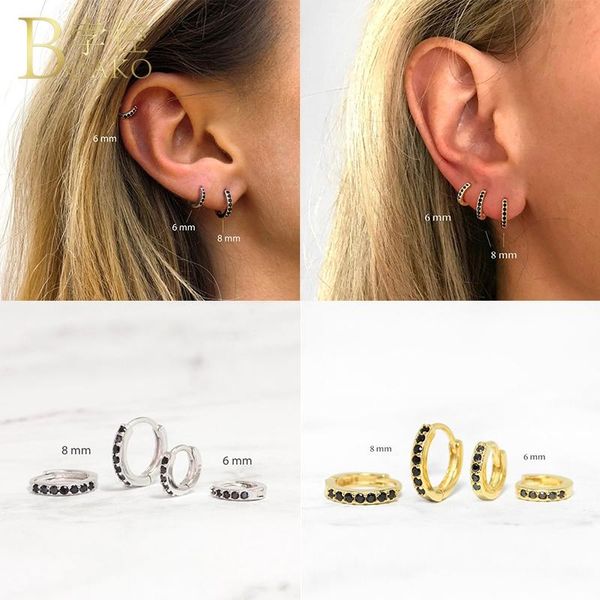 

hoop & huggie 2pcs black ziron 925 sterling silver round pendientes for anniversary engagement party piercing earrings ear bone buckle, Golden;silver