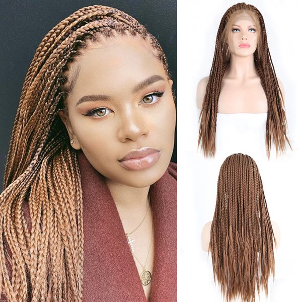 

charisma brown hair wigs braided box braids wig with baby hair synthetic lace front wig for women long hair lace wig, Black;brown