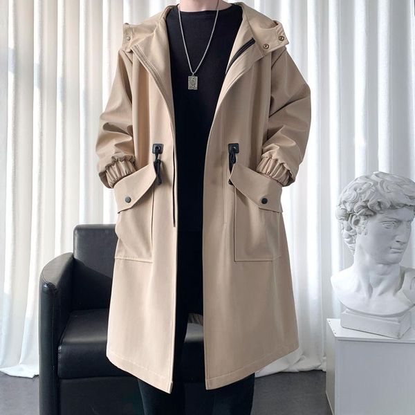 

spring trench coat men's fashion casual hooded long coat men streetwear korean loose oversize windbreaker jacket mens overcoat, Tan;black