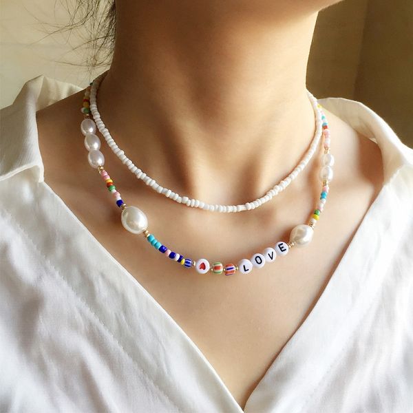 

bohemian colorful beads chain love letters necklace for women short choker beaded pearl necklaces jewelry christmas gift 2pcs/set, Silver