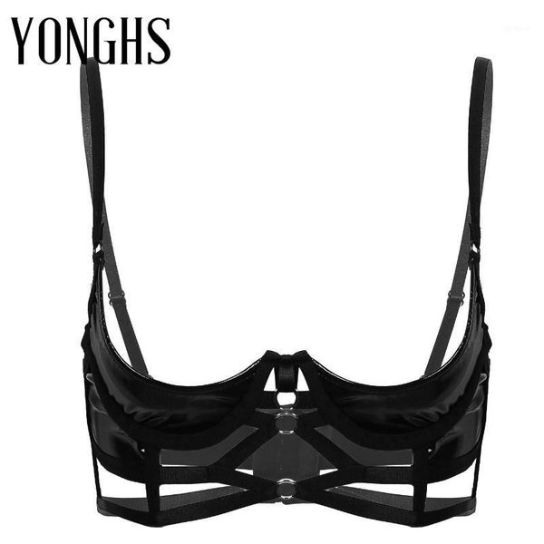 

womens erotic lingerie bra wet look patent leather quarter cup strappy crisscross underwired open cup bra 1, Red;black
