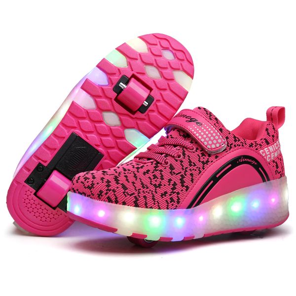 

two wheels luminous sneakers on wheels led light roller skate shoes for children kids led shoes boys girls shoes light up 201009, Black