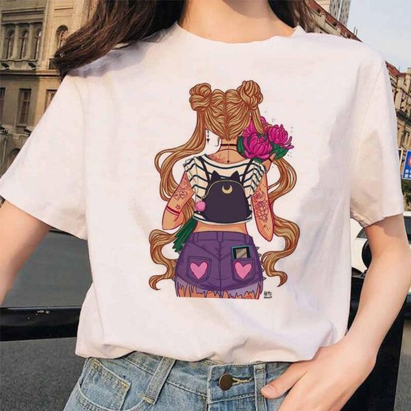 

sailor moon summer new fashion t shirt women harajuku fun t-shirt girls tshirt cartoon cotton tees female, White