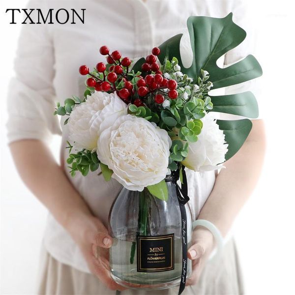 

txmon decoration silk flower large american glass transparent double gray vase simulation green leaf christmas pulp red fruit1