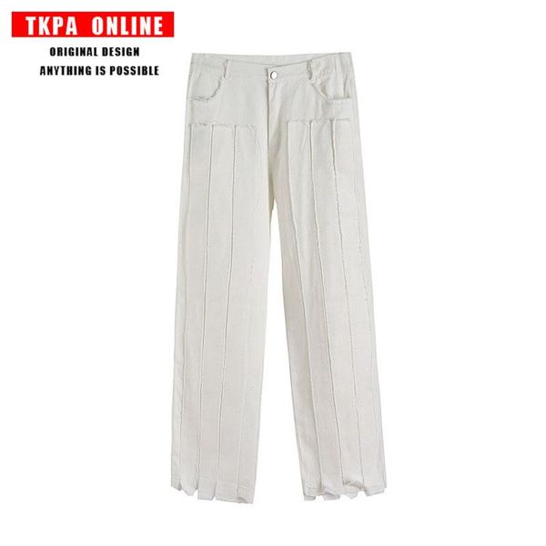 

tkpa harajuku style hip hop trendy brand irregular loose straight jeans dark depressed solid color casual wide-leg pants for men, Blue