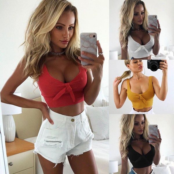 

2021 spaghetti strapes crop summer women clothes tank bandage pure color bow tank cami t shirt slim female, White