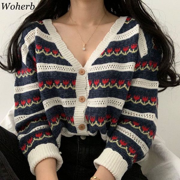 

woherb korean vintage floral print cardigan women v-neck hollow out knit sweater coat autumn modis pull cute sweaters 201030, White;black