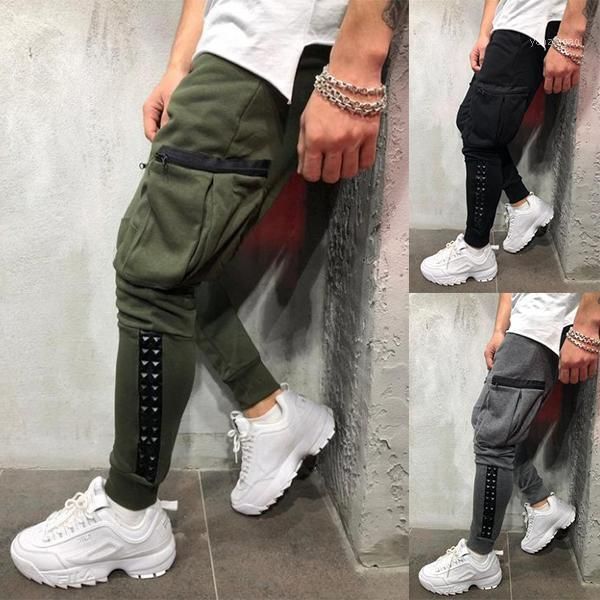 

hip hop small foot personality matching leather men's lanyard exercise fitness pants1, Black