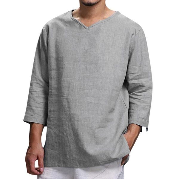 

men cotton linen shirts autumn casual v neck solid shirts male loose casual leisure blouses joggers breathable camisa, White;black