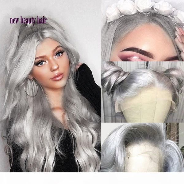 

360 frontal part silver grey wig heat resistant body wavy cosplay synthetic lace front wigs for white women, Black