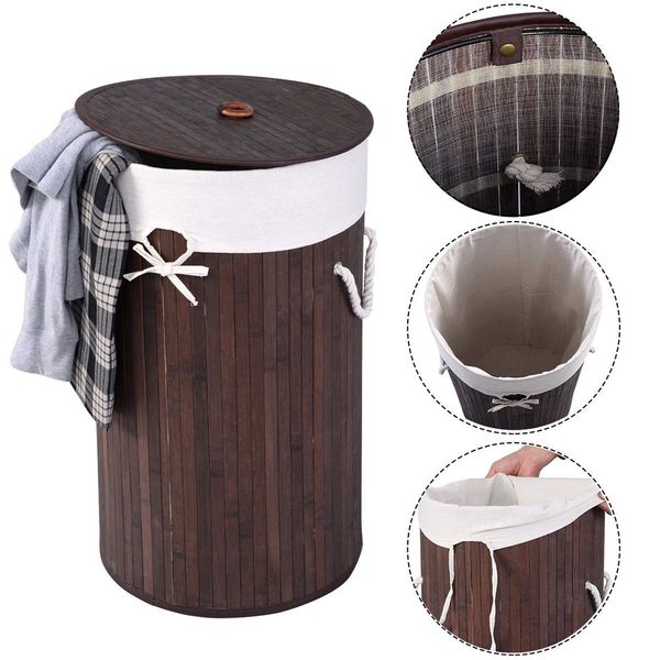 

us bamboo material cylinder shape dirty cloth basket foldable