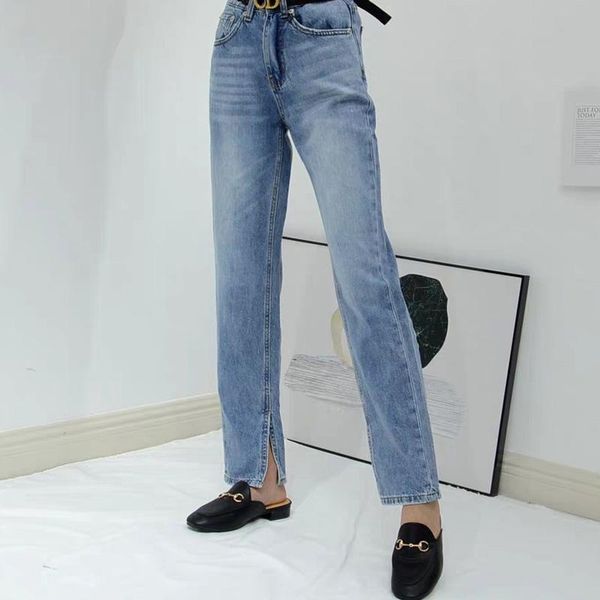 

straight lady denim trousers high waist blue women jeans fashion wild split