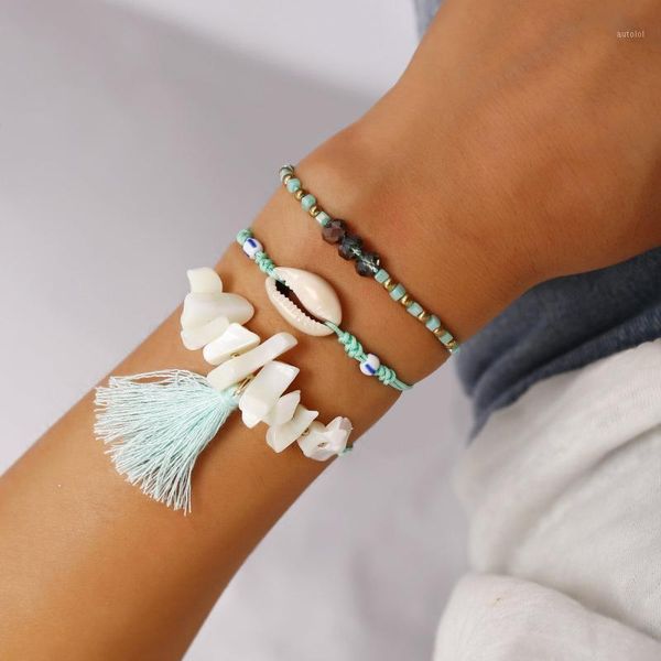 

european and american new fashion natural shell tassel bracelet set 3 piece set creative bohemian bracelet wholesale1, Black