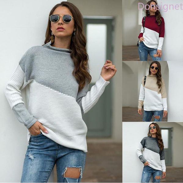 

donsignet women's sweater new fashion temperament high neck pullover geometric stitching knitted long sleeves, White;black