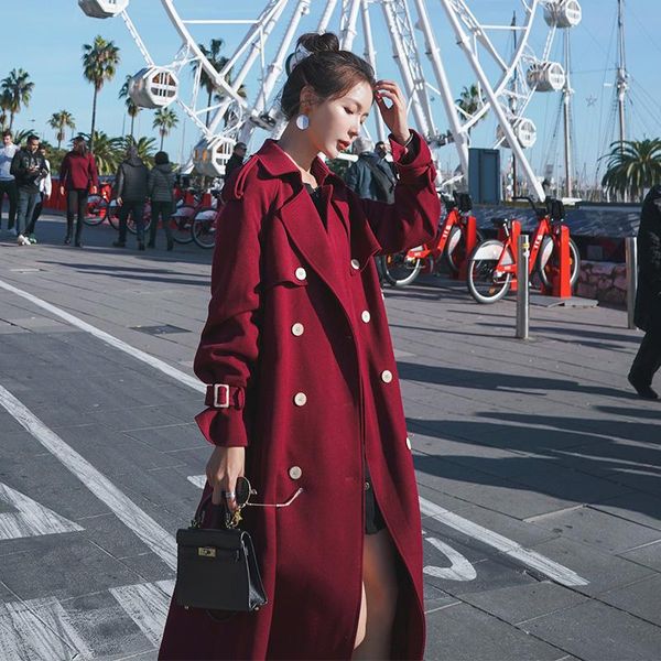 

oversize autumn winter women trench long british style korean loose red double breasted women clothes abrigos mujer 2021 hot, Tan;black